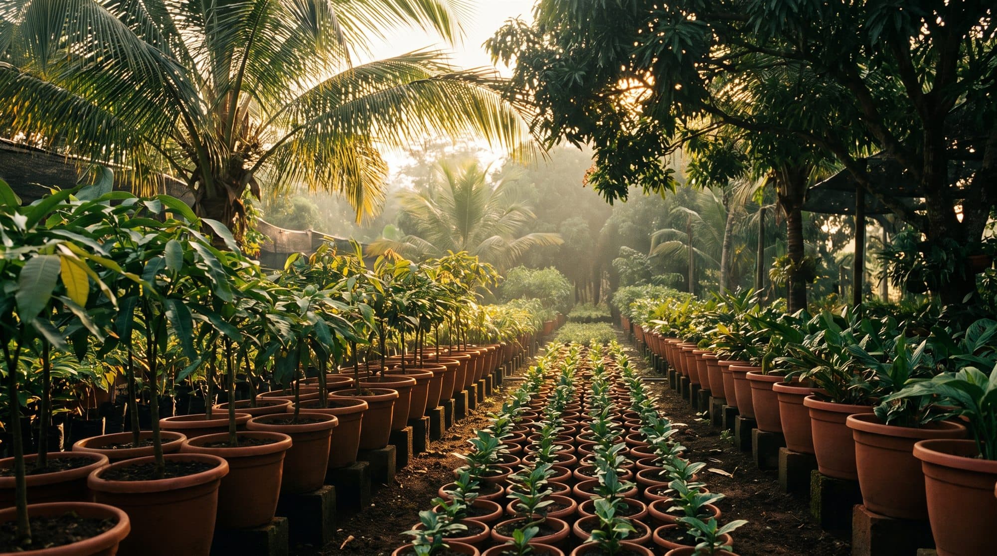 Vivero Rizoma del Sur al amanecer, hileras de plantines en macetas de terracota